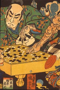 Ukiyo-e woodblock print of a Go player at the board